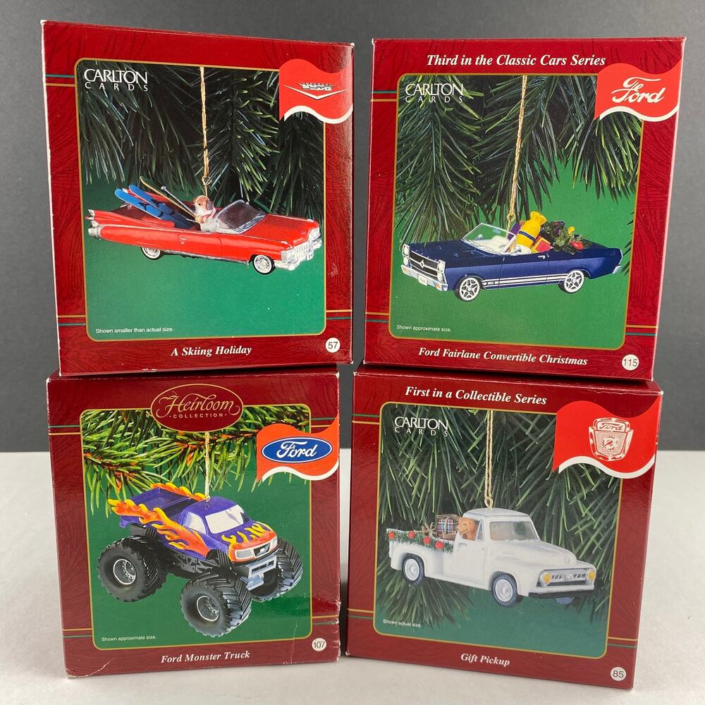 Vintage Carlton Cards Ford Cadillac Car Christmas Ornaments Lot of 4 w Boxes